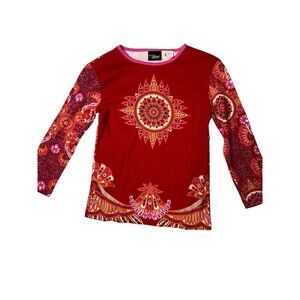 Boutique Europa Womens Shirt Long Sleeve Blouse Red Sun Geometric Print SZ XS